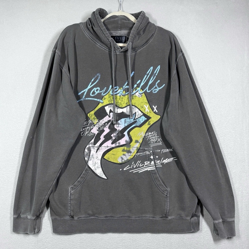 Civil Regime Hoodie Mens Large Love Kills Mouth Graphic Rock Streetwear Pullover